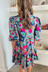 Green Leopard Print Bubble Sleeve Slit Neck Ruffled Dress